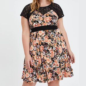 Torrid Mini Skater Dress Super Soft Floral Black with Lace Inset Size 4 4X